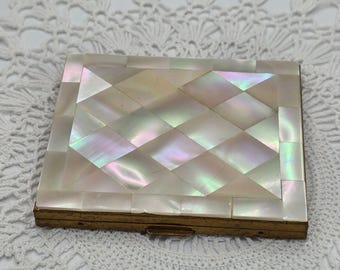 Art Deco Brass Compact Vintage Geometric Mother Of Pearl Abalone