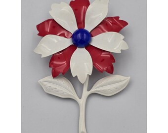 Broche de flor esmaltada, estilo pop art moderno, rojo, blanco y azul, pin patriótico floral vintage.