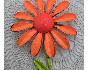 Vintage Bright Orange Enamel Daisy Flower Brooch Pin 1960s Mod Pop Art