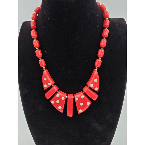 Vintage Cherry Red Lucite Polka Dot Dice Statement Necklace Chunky Beaded