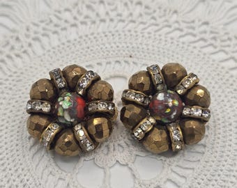 Vintage Hobe Earrings Faceted Crystal Gold Tone Filigree Bead Ab Rhinestone