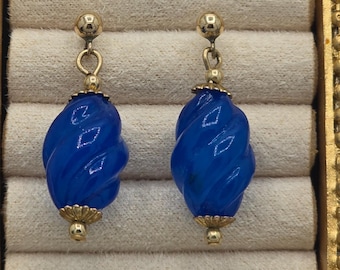 Vintage Cobalt Blue Swirl Earrings 14K GF Post Dangle Signed