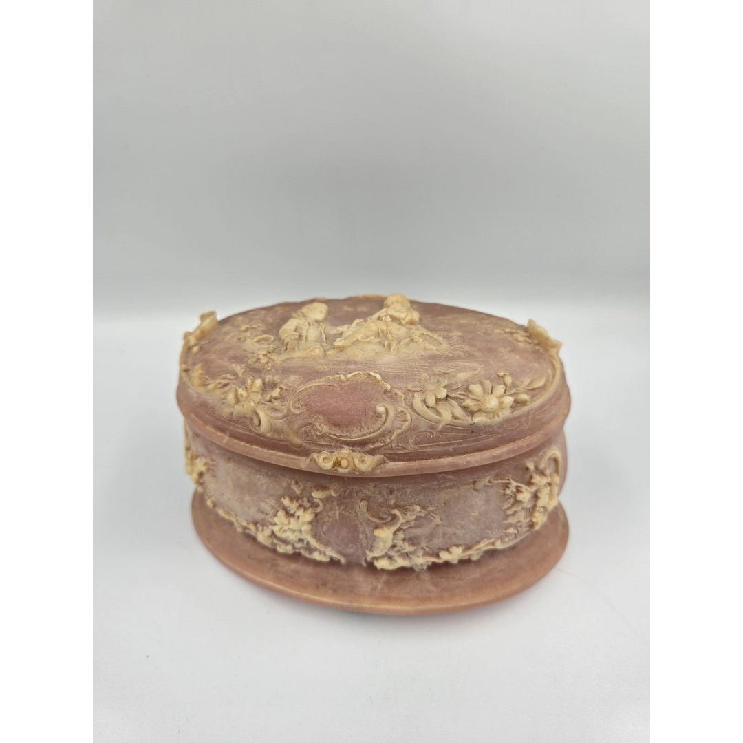 Pink Incolay Box Vintage Incolay Stone Pink Box Victorian Scene Handcrafted USA Jewelry ...