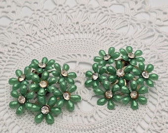 Vintage Thermoset Plastic Earrings Green Rhinestone flower domed 2" 50s