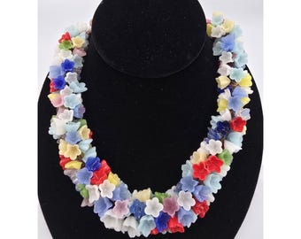 Vintage Multi-Color Glass Flower Bead Cluster Necklace Murano Lampwork Blown