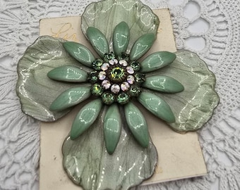 Liz Palacios Enamel Flower Rhinestone Brooch Green Signed on original Card