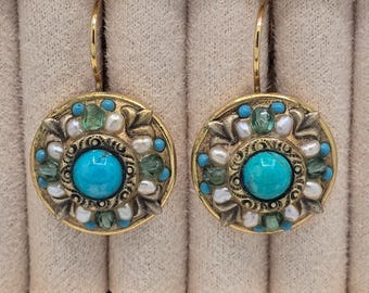 Michal Negrin Earrings Turquoise Blue Pearls Etruscan Revival Gold tone Dangle