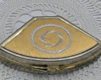 Vintage Pill Box Hong Kong Mixed Metals Gold Tone Sunburst Triangular Compact