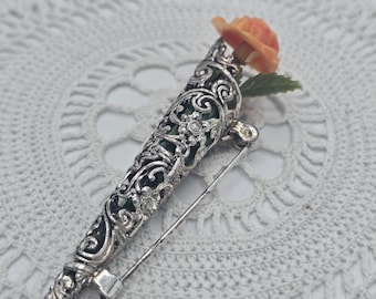 Vintage Art Nouveau Tussie Mussie Posy Holder Filigree Silver Tone Nosegay Pin