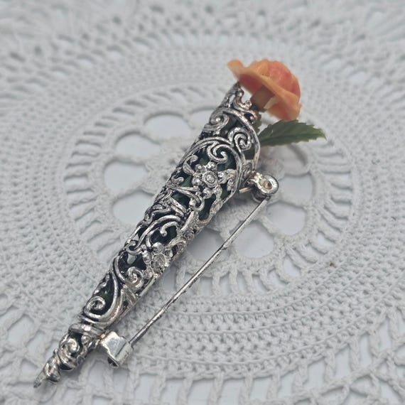 Vintage Art Nouveau Tussie Mussie Posy Holder Filigree Silver Tone Nosegay Pin
