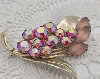 Vintage Pink AB Rhinestone Brooch Lily Givre Satin Floral Pin Aurora Borealis