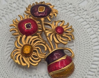 Vintage YSL Yves Saint Laurent For Avon Van Gogh Sunflowers Brooch Enamel Flower