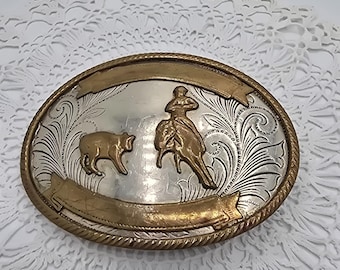Vintage German Silver Belt Buckle Cowboy Horse Riding Western Scene