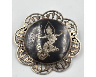 Vintage Siam Sterling Silver Niello Thai Dancer Brooch Pin Filigree Art Deco