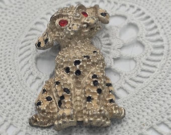 Vintage Dalmatian Dog Brooch Pot Metal Puppy Pin Crystal Rhinestone
