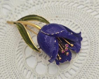 Vintage Flower Tulip Enamel Brooch Art Deco Trembler Rhinestone