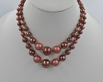 Vintage Japan Double Strand Necklace Faux Rose Pearl Filigree Cap Gold Tone 16