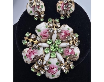 Vintage Norway Guilloche Norwegian Enamel Rose Milk Brooch Earrings Set