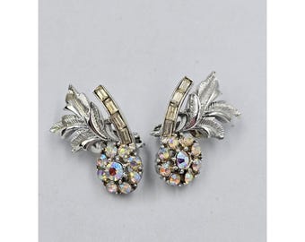Vintage Coro Mid-Century Silver Tone AB Rhinestone Floral Leaf Clip-On Earrings