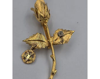 Broche de rosa en tono dorado vintage de la Orden de la Estrella de Oriente (OES) con dije esmaltado