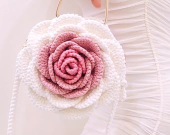 Sac fait main rose blanc rose | Sac à fleurs au crochet | Poignée et bandoulière en métal | Couleur personnalisée