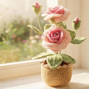 Handmade Rose Potted Plant, Crochet Eternal Flower, Gift For Her, Romantic Table Desk Decor