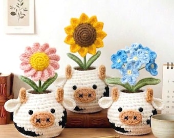 Crochet Cow Flower Pot, Amigurumi Handmade Desk Accessory, Unique Office Gift, Back To School