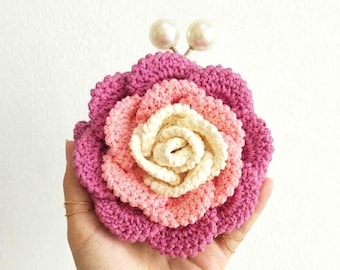 Monedero de rosa de ganchillo 3D – Cartera floral hecha a mano con cierre de beso, regalo de Navidad