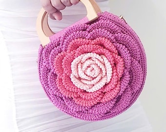 Pink Rose Bag Crochet | Custom Color | Wood Handle | Flower Bag Handmade | Kun Yarncraft