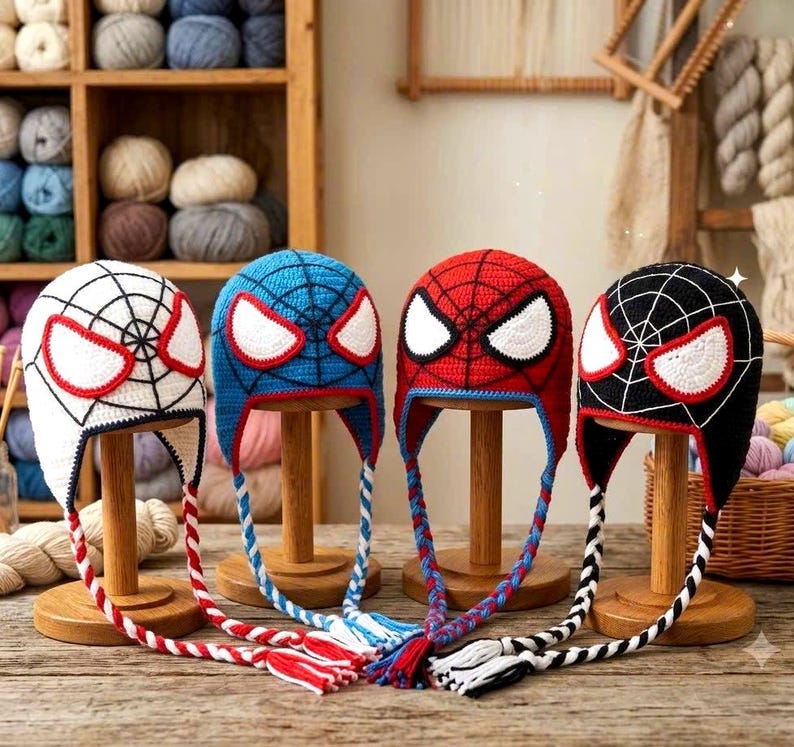 Puede incluir: Cuatro gorros de ganchillo con orejeras y borlas trenzadas, cada uno con un patr&oacute;n de telara&ntilde;a y grandes ojos blancos con bordes rojos. Los gorros son blancos, azules, rojos y negros, expuestos sobre soportes de madera con lazos.