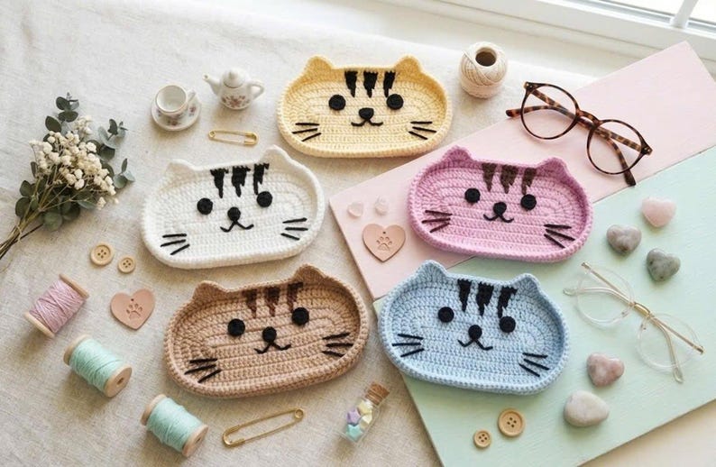 May include: Five oval crochet trays shaped like cat faces in yellow, white, tan, pink, and light blue. Each tray features black embroidered eyes, noses, whiskers, and forehead stripes. The trays are arranged with small craft items like spools of thread, buttons, safety pins, and heart-shaped charms.