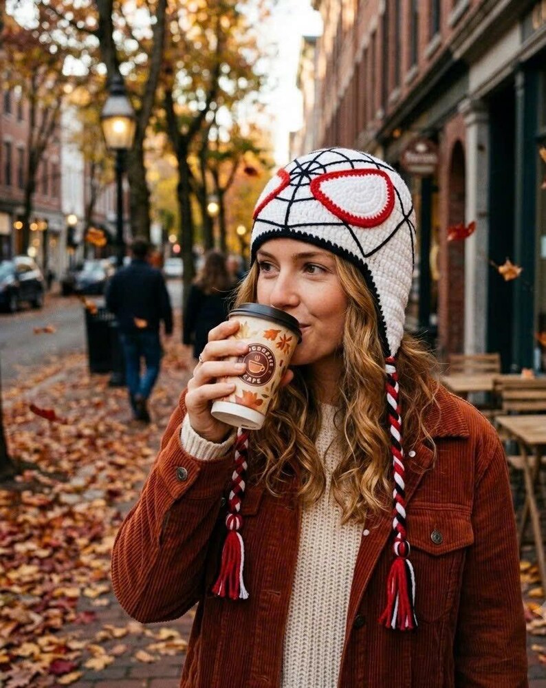 Puede incluir: Un gorro de ganchillo blanco con un patr&oacute;n de telara&ntilde;a negra y grandes parches oculares blancos con borde rojo. El gorro incluye dos largas trenzas laterales en rojo, blanco y negro, cada una terminada en una borla multicolor, sobre un su&eacute;ter beige.