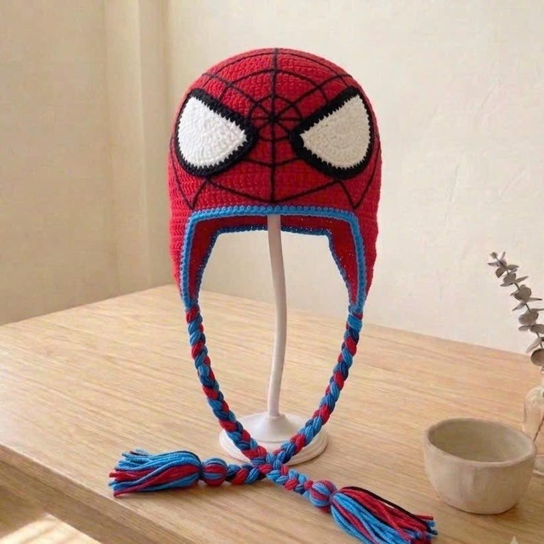 Gorro de Spiderman de ganchillo para niños y adultos, gorro de cosplay hecho a mano, regalo cálido de invierno para Halloween. Rojo