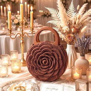 May include: A brown crocheted handbag with a rose design sits on a table set for a wedding. The table is decorated with candles, flowers, and a wedding invitation. A pair of gold wedding rings are on a plate.