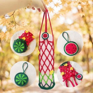 May include: A crochet water bottle holder featuring a red and green lattice pattern with small yellow flower accents. The set includes circular crochet accessories with watermelon and lime slice designs, each equipped with a small loop for hanging.