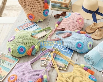 Bolso de playa de ganchillo, bolso de malla de ganchillo estilo boho, hecho a mano para vacaciones de verano, estampado floral colorido