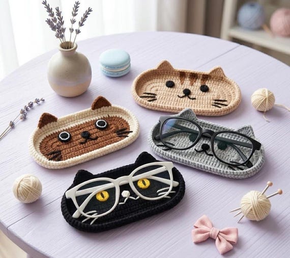 Crochet Cat Eyeglass Holder, Handmade Glasses Tray, Trinket Dish, Sunglass Storage, Back To School