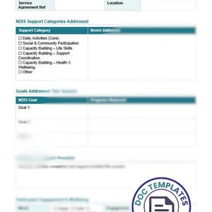 Può includere: Un modello bianco e verde acqua di "Nota di avanzamento giornaliera". Il modulo include sezioni per le informazioni sui partecipanti, le categorie di supporto, gli obiettivi e i dettagli del servizio. Un logo "Doc Templates AU" si trova in basso a destra.
