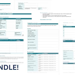 May include: A bundle of white paper forms with teal accents, including an intake form, service agreement, and participant profile. The word "BUNDLE!" is printed in large, dark blue letters at the bottom left.