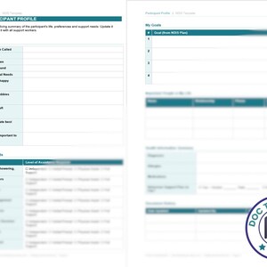 Può includere: Un documento bianco intitolato "NDIS PARTICIPANT PROFILE" con accenti turchesi. Il documento include sezioni per informazioni personali, esigenze di supporto e obiettivi. Un logo circolare con il testo "DOC TEMPLATES AU" si trova in basso a destra.