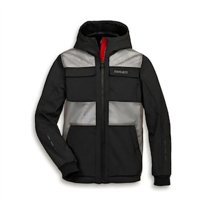 May include: Black and gray hooded jacket with the word "Ducati" on the chest. The jacket has a red zipper and gray mesh panels across the chest and shoulders. The jacket has two front pockets and a black hood.