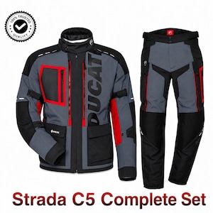 May include: A Ducati Strada C5 motorcycle jacket and trousers set in grey, black, and red. The jacket features a high collar, vertical zippered pockets, and the word DUCATI printed vertically. The trousers have a matching colour scheme and waist adjustment.
