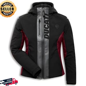 May include: Black Ducati motorcycle jacket with a hood, gray accents, and a vertical gray stripe down the center. The jacket features a red panel on the sides and the Ducati logo. A trusted seller badge is in the upper left corner.