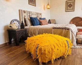 Authentic Moroccan Shaggy Wool Pouf - Mustard Yellow Berber Floor Pillow - Handwoven Boujad Ottomman - Boho Home Decor, Large Unstuffed Pouf