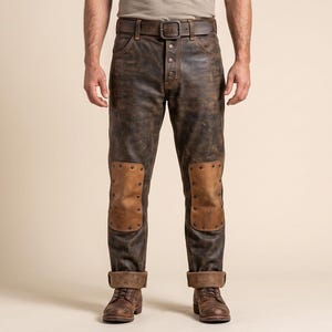 Puede incluir: Pantalones de cuero marrón oscuro con acabado desgastado, cierre de botones y cinturón de cuero a juego. Los pantalones incluyen parches de cuero color canela reforzados en las rodillas con remaches metálicos y dobladillos.