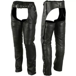 May include: Black leather chaps featuring a front belt with a silver buckle, side zippers, and snap buttons along the lower legs. The design includes a lace-up back closure at the waist, providing an adjustable fit for these protective leg coverings.
