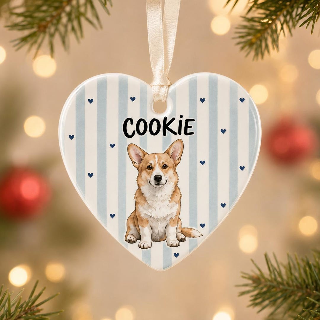 Personalized Pet Ornament with Name, Custom Watercolor Dog or Cat Portrait from Photo, Heart Ceramic Keepsake, Christmas Gift for Pet Lover