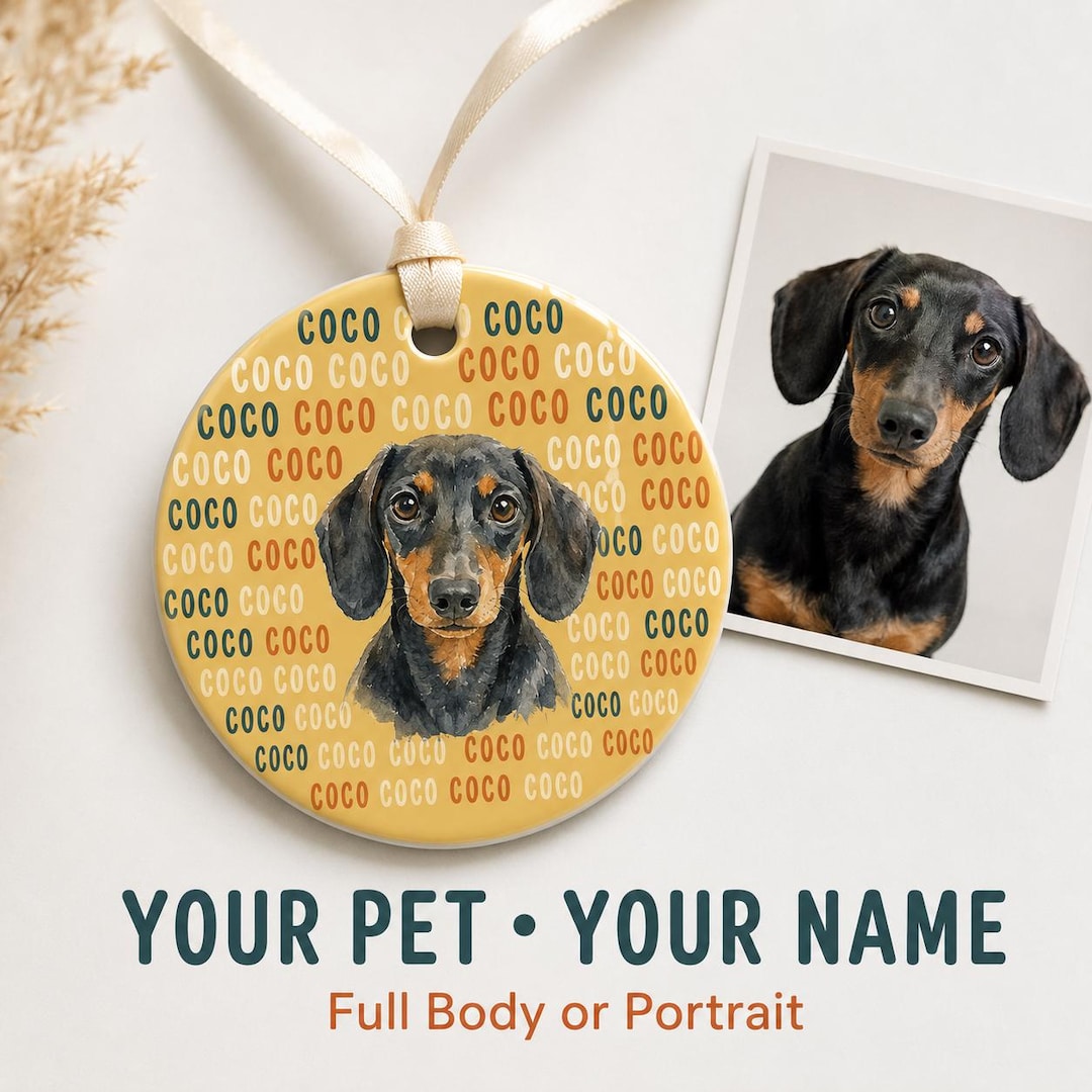 Custom Pet Photo Ornament, Personalized Dog Cat Christmas Ornament, Name Pattern Ceramic Ornament, Custom Pet Portrait Gift