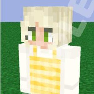 May include: A pixelated character with blonde hair, green eyes, and a yellow and white outfit. The character is wearing a yellow striped dress over a white long-sleeved shirt. The character is standing on green grass.