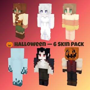 Puede incluir: Una colección digital de seis skins de personajes estilo Minecraft titulada HALLOWEEN — 6 SKIN PACK. El conjunto incluye figuras vestidas como explorador forestal, fantasma blanco, traje de maíz dulce, espíritu azul, vampiro y cabeza de calabaza.